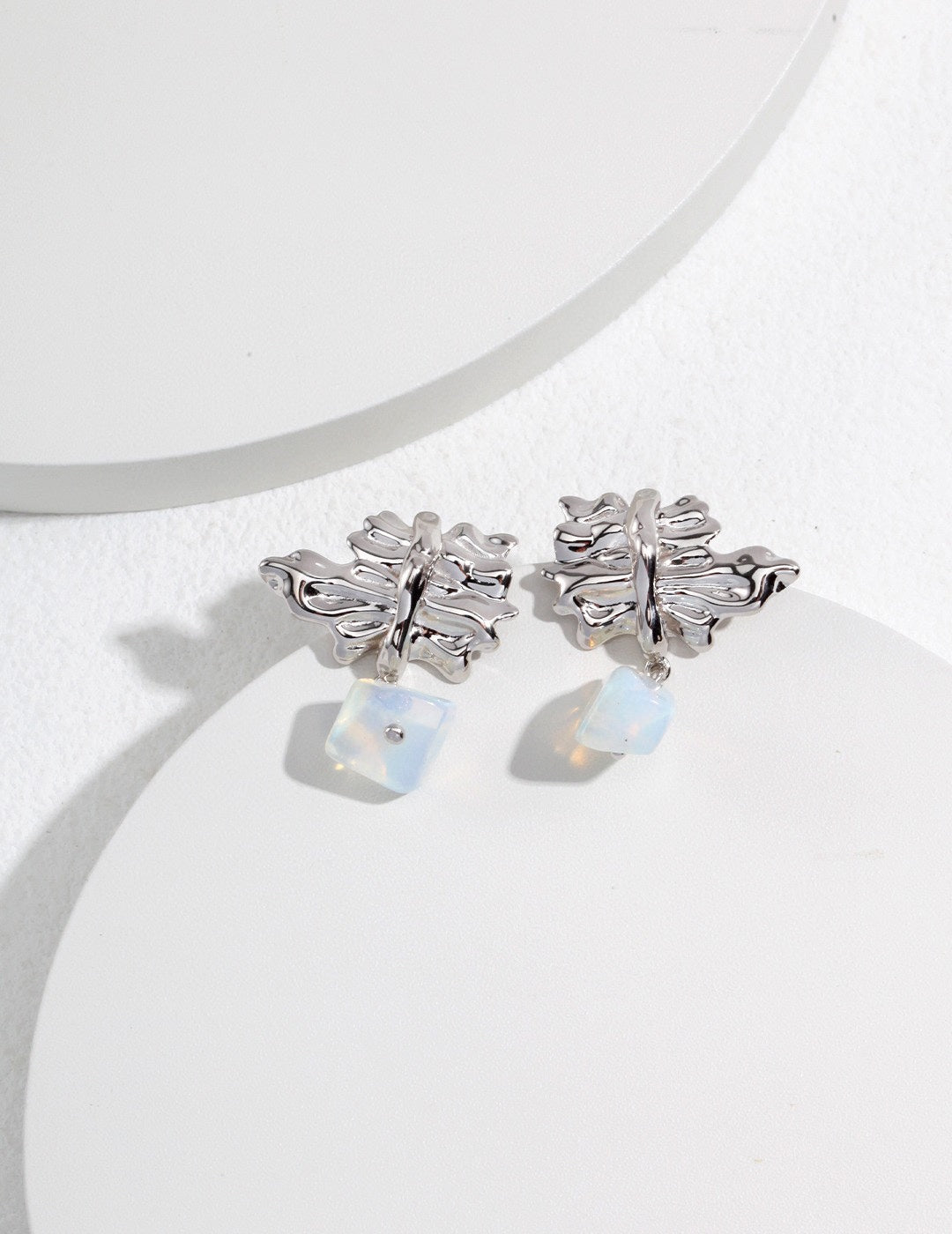 Irregularly Pleated Leaf with Opal Embellishments, Sterling Silver Opal Earrings