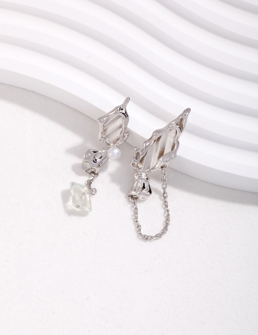 Sterling Silver AB Style Asymmetrical Butterfly Chain Earrings